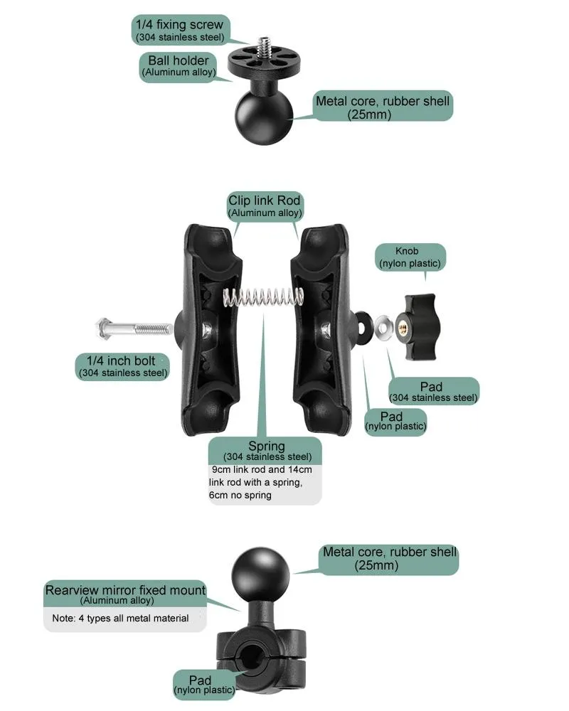 25mm Ball Head Motorcycle Rearview Mirror Mount Holder for Gopro Insta360 Dji Action and Other Action Cameras