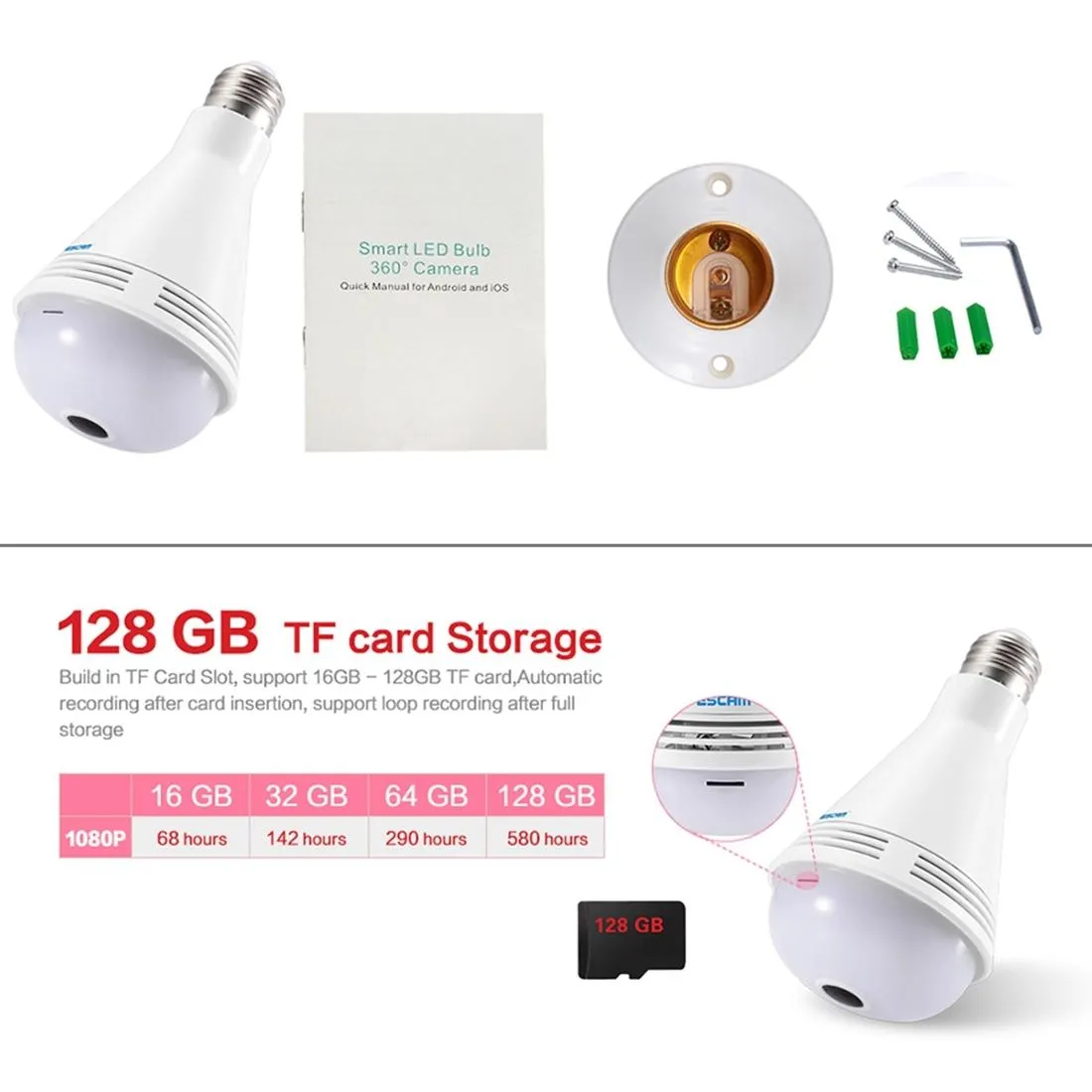 360 Degree Panoramic Bluetooth Speaker Bulb With 2Mp Hd 1080P Ip Camera And Wifi Motion Detection - White