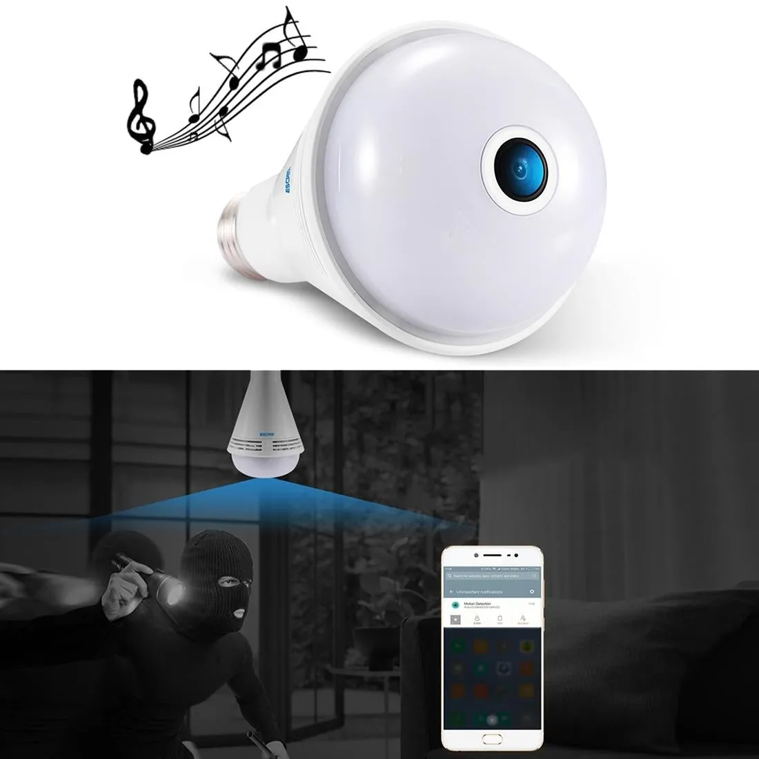 360 Degree Panoramic Bluetooth Speaker Bulb With 2Mp Hd 1080P Ip Camera And Wifi Motion Detection - White