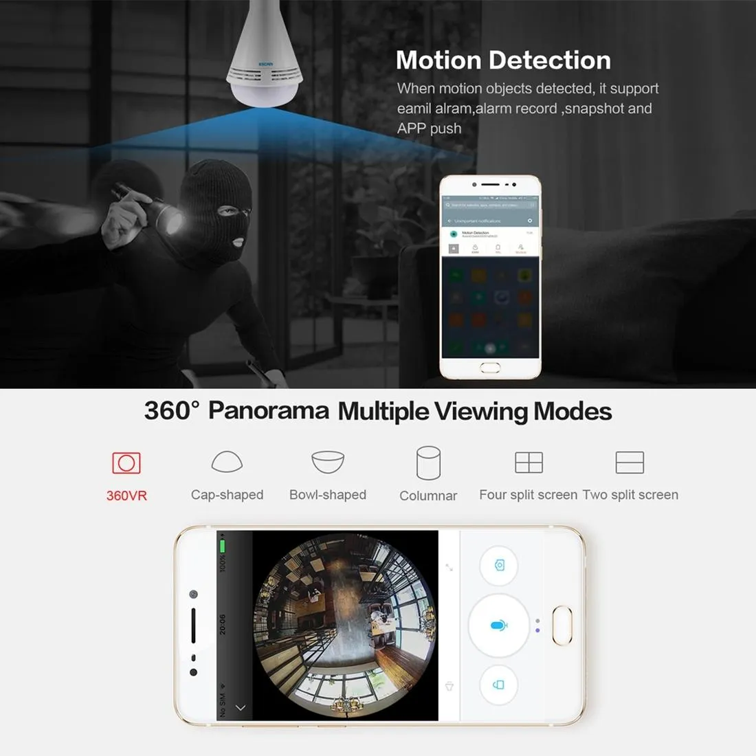 360 Degree Panoramic Bluetooth Speaker Bulb With 2Mp Hd 1080P Ip Camera And Wifi Motion Detection - White