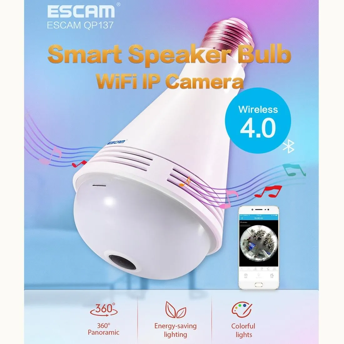 360 Degree Panoramic Bluetooth Speaker Bulb With 2Mp Hd 1080P Ip Camera And Wifi Motion Detection - White