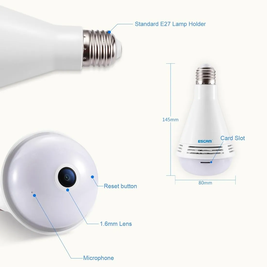 360 Degree Panoramic Bluetooth Speaker Bulb With 2Mp Hd 1080P Ip Camera And Wifi Motion Detection - White