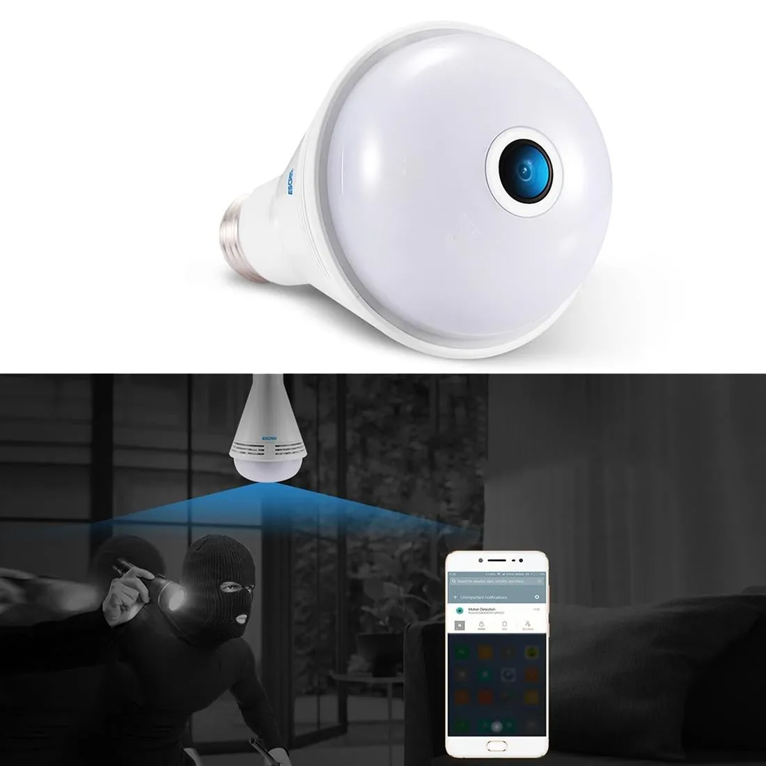 360 Degree Panoramic Bluetooth Speaker Bulb With 2Mp Hd 1080P Ip Camera And Wifi Motion Detection - White