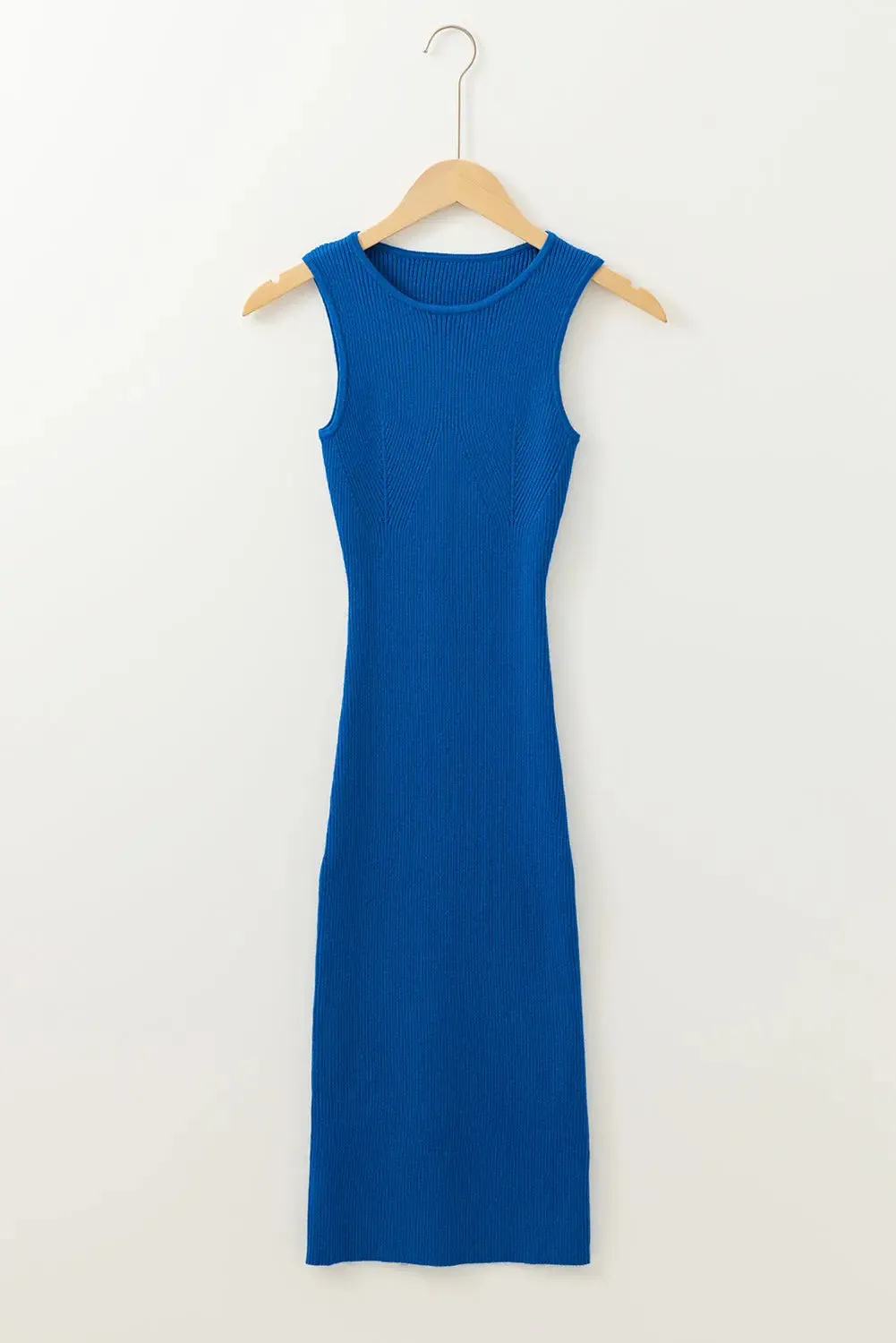 Blue Solid Ribbed Sleeveless Midi Dress
