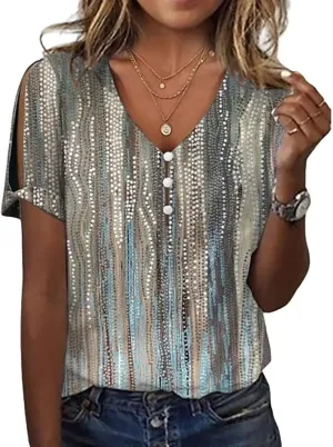 Boho Tops for Women Hippie Floral Shirts 2025 Cold Shoulder Short Sleeve V Neck Button Down Fashion T Shirts Blouse