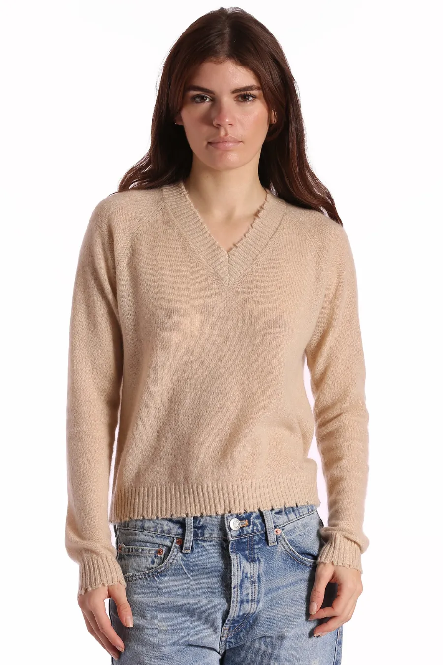 Cashmere Frayed Edge Cropped V Brown Sugar