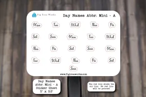 Day Names Abbreviated Mini Sticker Sheet  | Weekday Name Sticker, Kiss Cut, Matte Finish