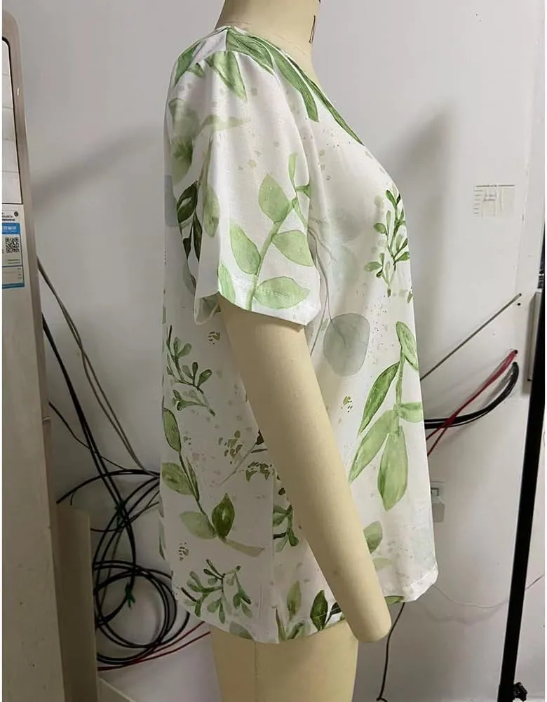 Floral Cotton Linen Summer Tops for Women Short Sleeve Crewneck Boho Shirts Top