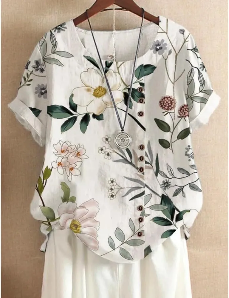 Floral Cotton Linen Summer Tops for Women Short Sleeve Crewneck Boho Shirts Top