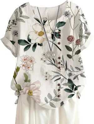 Floral Cotton Linen Summer Tops for Women Short Sleeve Crewneck Boho Shirts Top