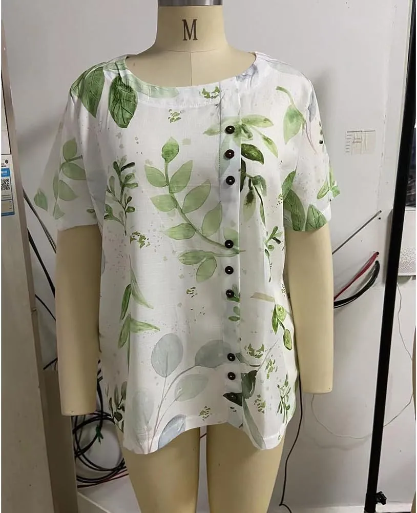 Floral Cotton Linen Summer Tops for Women Short Sleeve Crewneck Boho Shirts Top