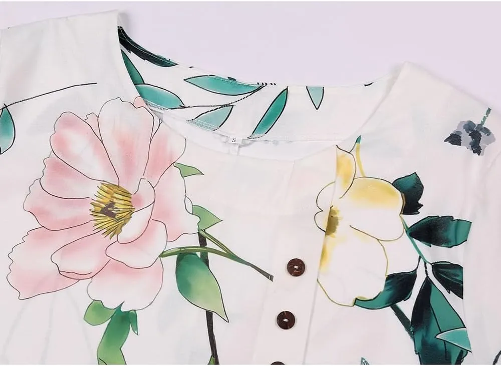 Floral Cotton Linen Summer Tops for Women Short Sleeve Crewneck Boho Shirts Top