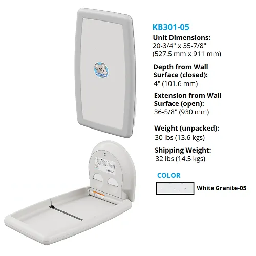 Koala Kare® KB301-05 - Surface Vertical White Granite Baby Changing Station (Newest Generation)