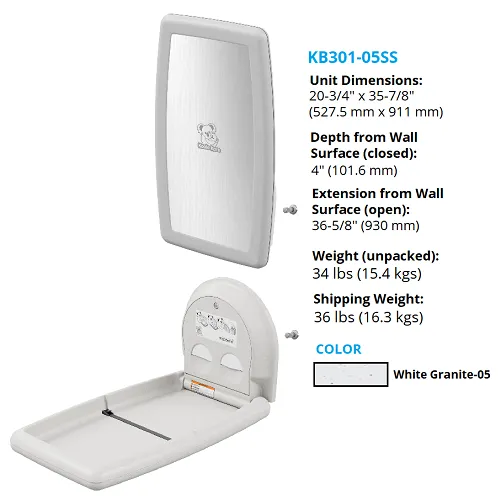 Koala Kare® KB301-05SS - Surface Vertical White Granite Baby Changing Station with Stainless Steel Veneer (Newest Generation)
