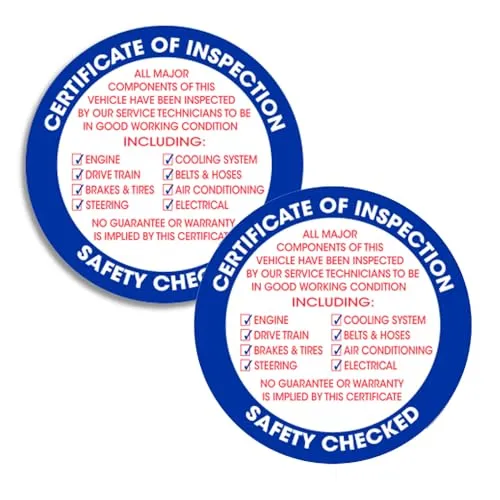 Professional Vehicle Inspection Sticker for Car Dealerships - 3" Circle Sticker with List of Major Vehicle Components, 3 mil Vinyl Material - Internal Window Installation