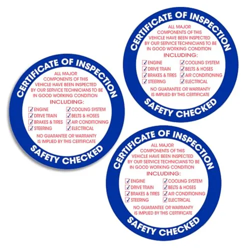 Professional Vehicle Inspection Sticker for Car Dealerships - 3" Circle Sticker with List of Major Vehicle Components, 3 mil Vinyl Material - Internal Window Installation