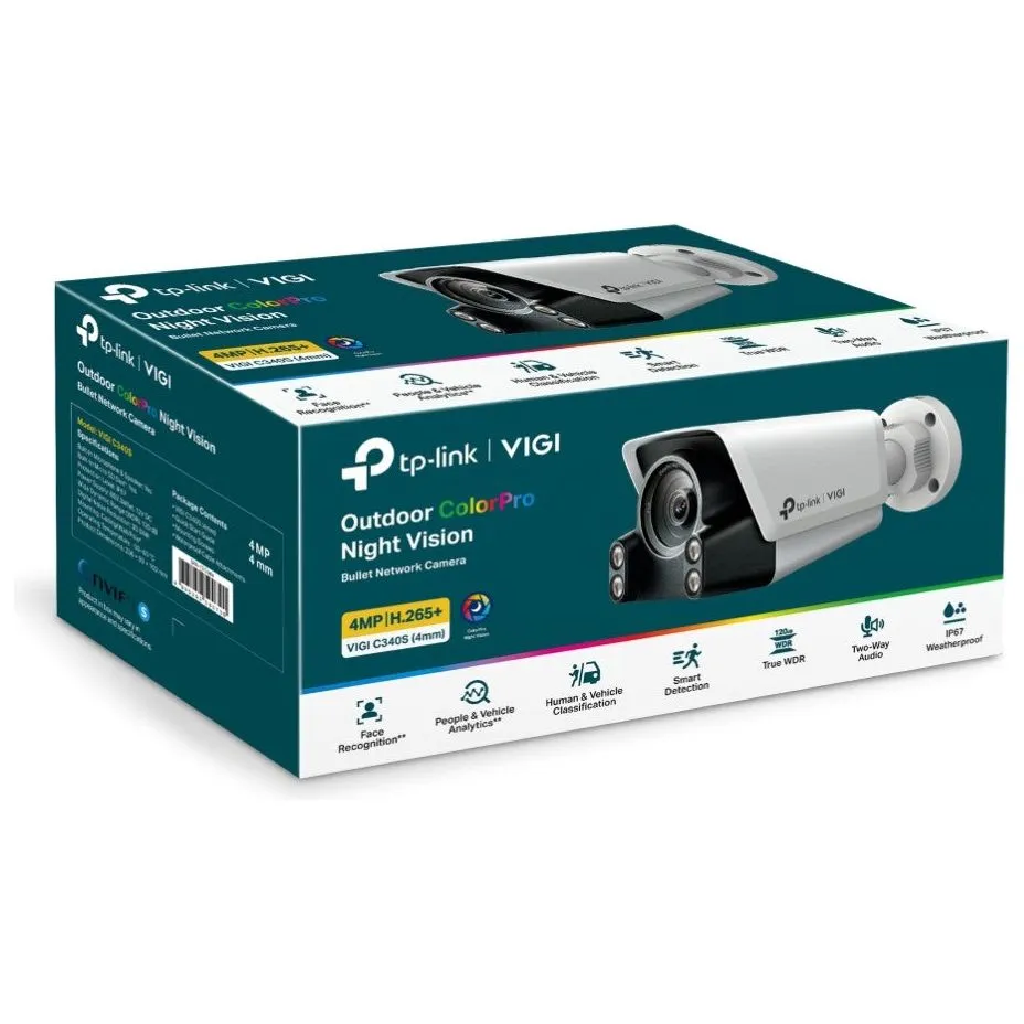 TP-Link VIGI 4MP C340S(4mm)  Outdoor ColourPro Night Vision Bullet Network Camera, 4mm Lens, Smart Detection